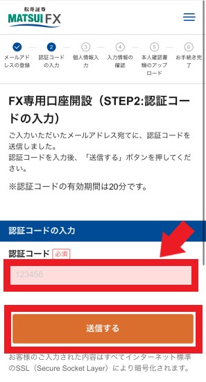 メールアドレスに届いた認証コードを入力し、「送信する」ボタンをタップ
